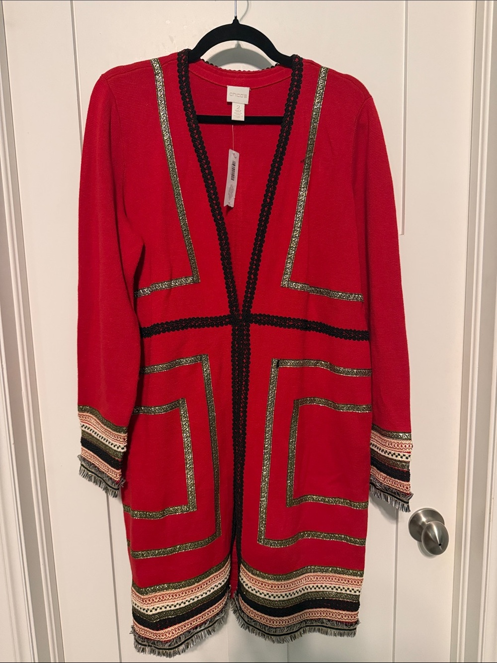 Chico's Red Open-Front 100% Cotton Knee Length Festive Cardigan w/ Metallic Trim